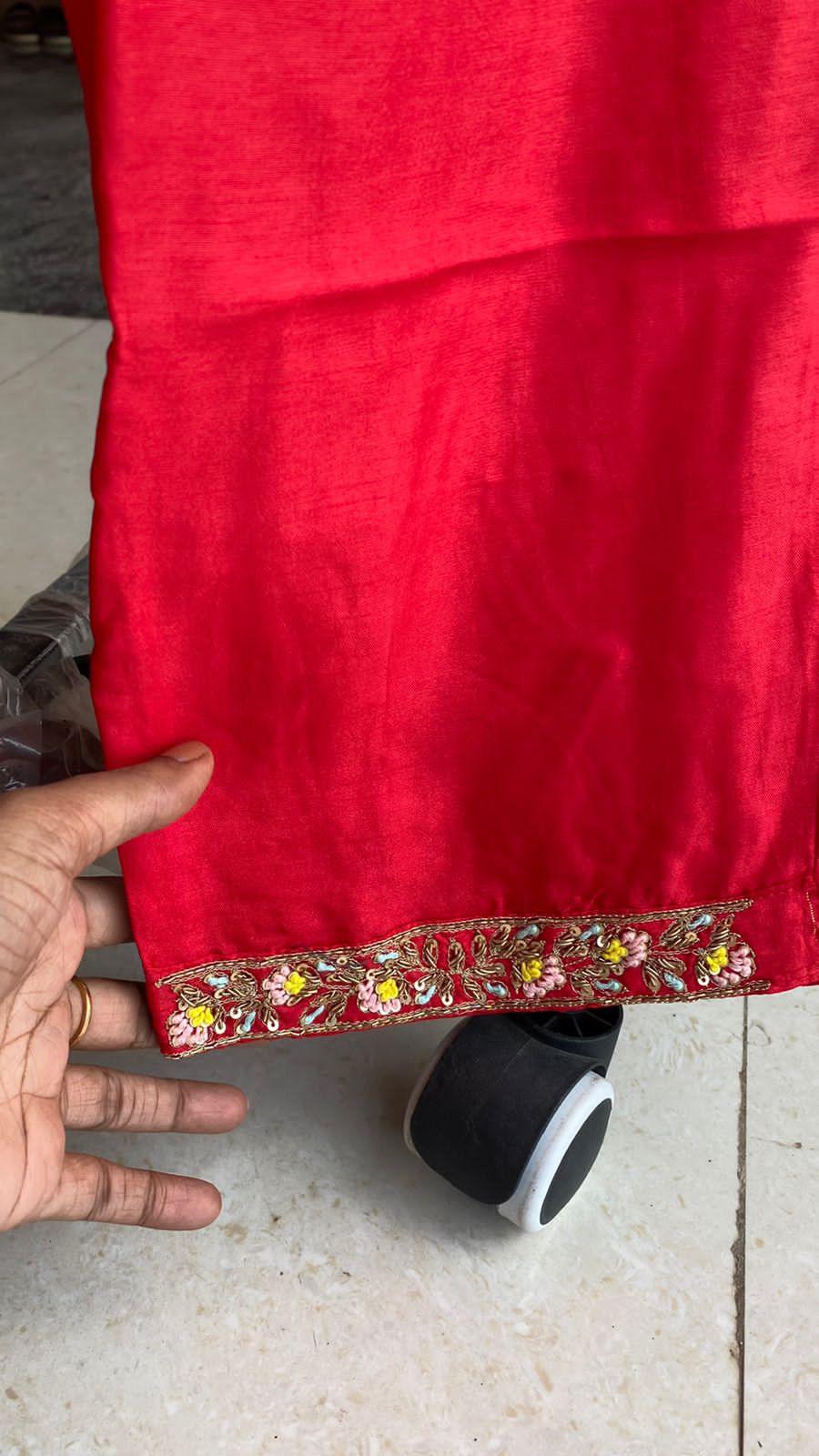 Red muslin silk embroidery hand worked 3 piece kurti set - Threads
