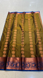 Mehandi green deep blue semi silk saree with blouse - Threads