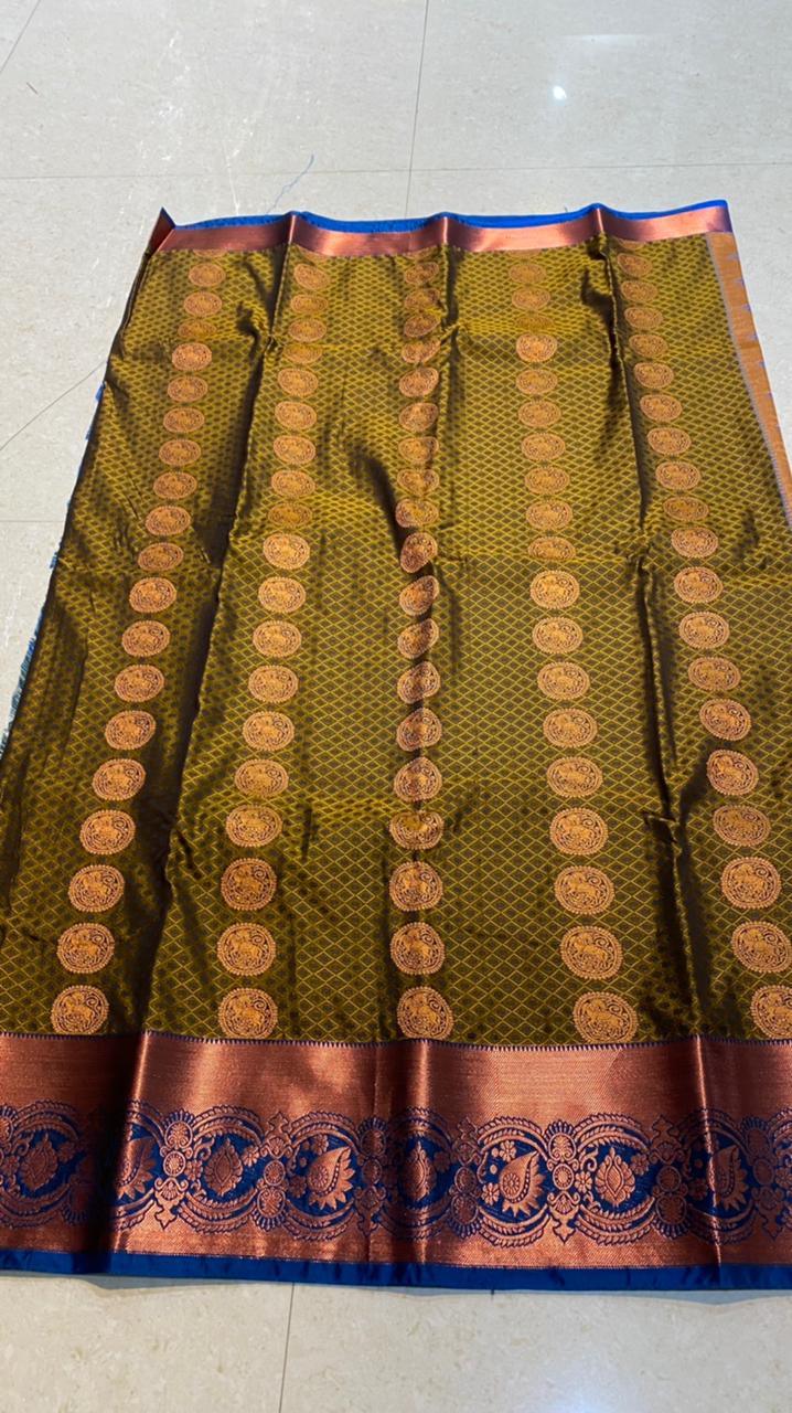 Mehandi green deep blue semi silk saree with blouse - Threads