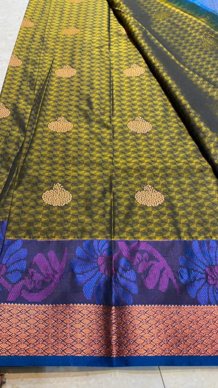 Mehandi green blue semi silk saree with blouse - Threads