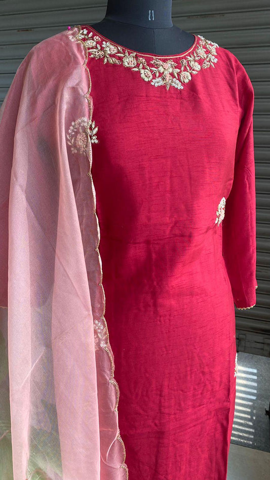 Maroon muslin silk embroidery hand worked 2 piece kurti set - Threads