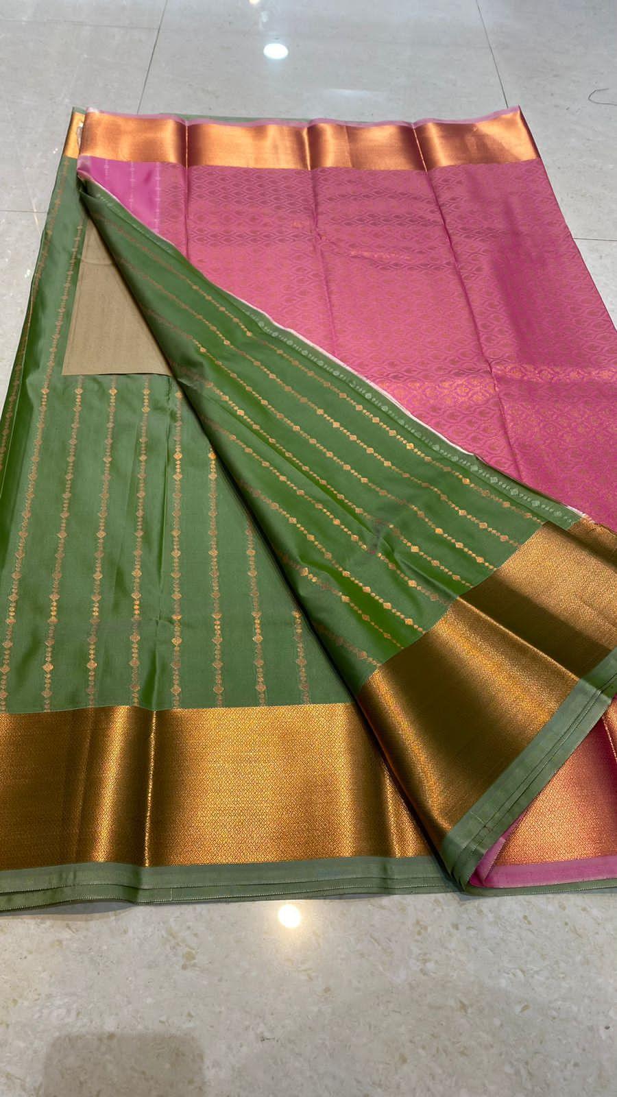 Western green and pink silk saree with blouse - Threads