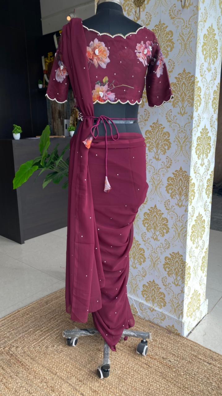 Wine georgette saree with organza hand worked blouse - Threads