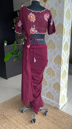 Wine georgette saree with organza hand worked blouse - Threads