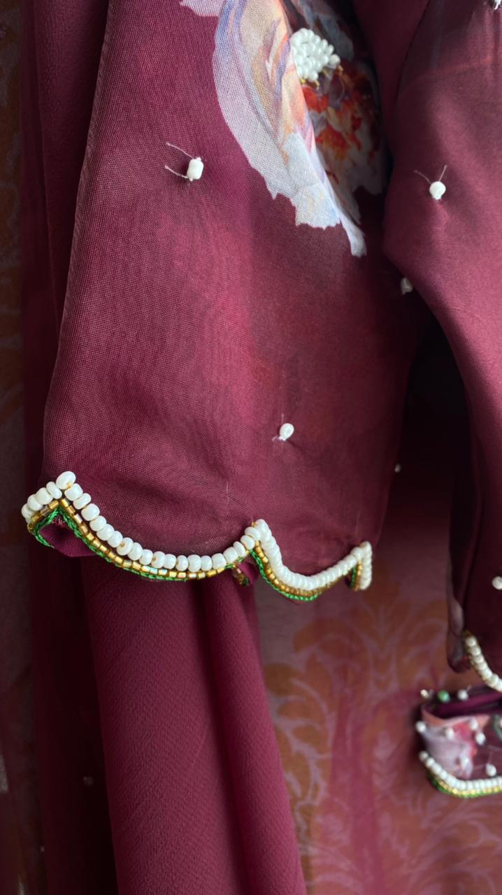 Wine georgette saree with organza hand worked blouse - Threads