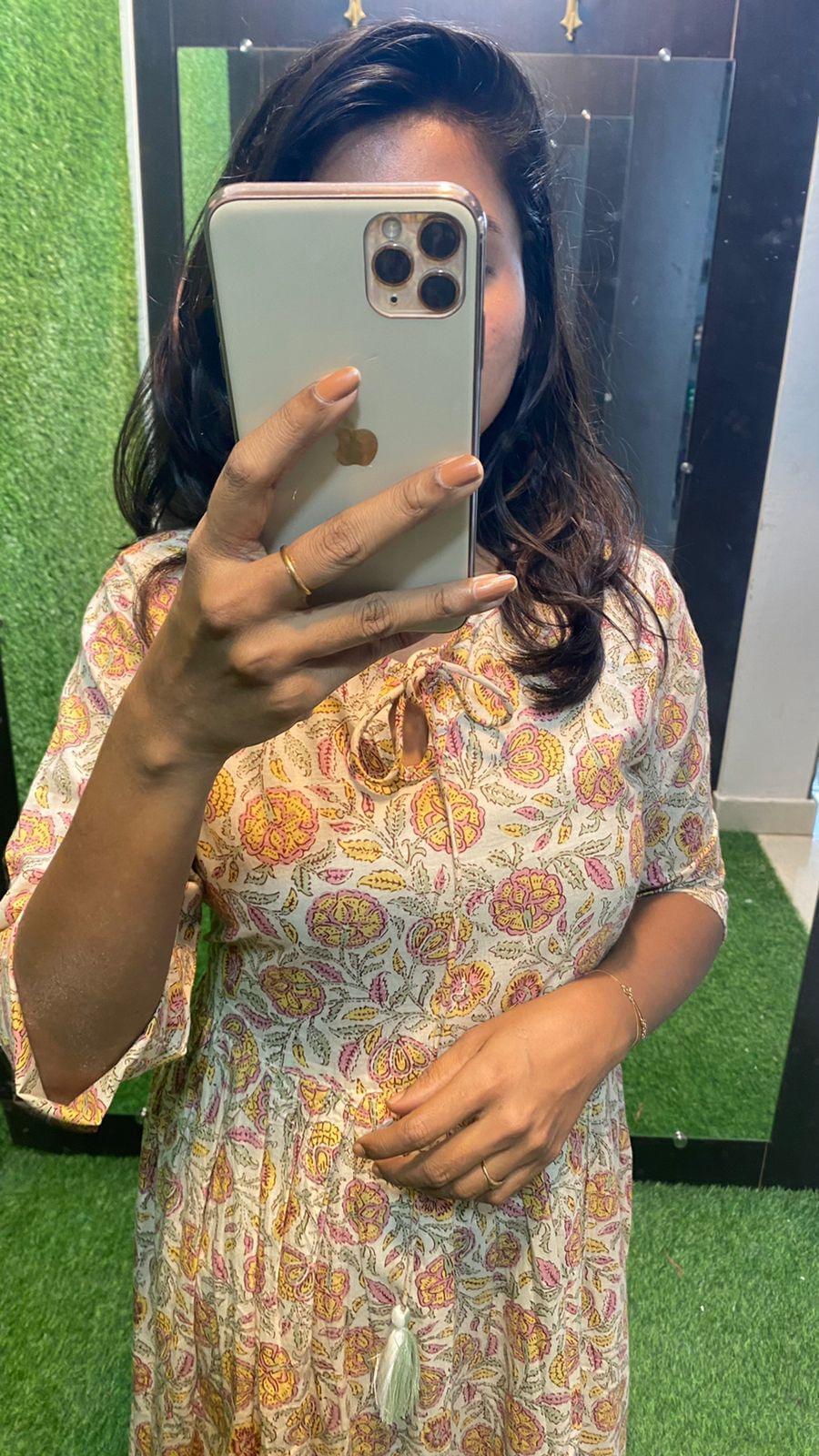 Beige Cotton printed maxi kurti top