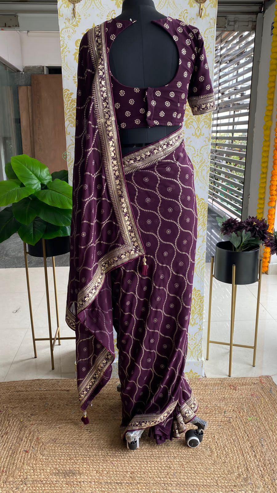 Wine georgette saree with embroidery worked Blouse - Threads