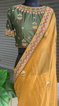 Light orange organza saree with silk embroidery blouse - Threads