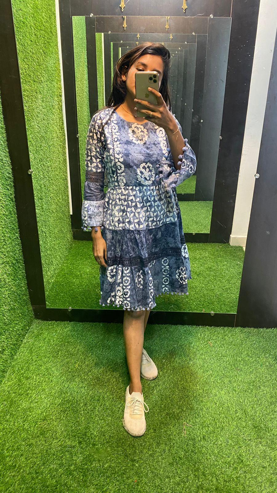 White and grey Cotton printed embroidery short kurti top - Threads