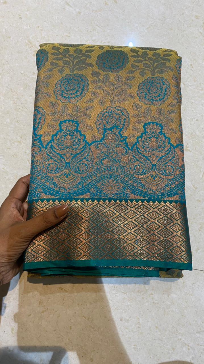 Yellow and peacock silk saree with blouse - Threads