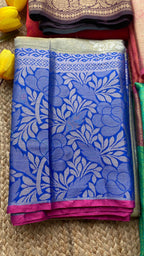 silver grey and blue silk saree with blouse - Threads
