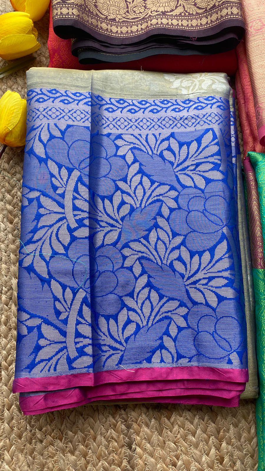 silver grey and blue silk saree with blouse - Threads