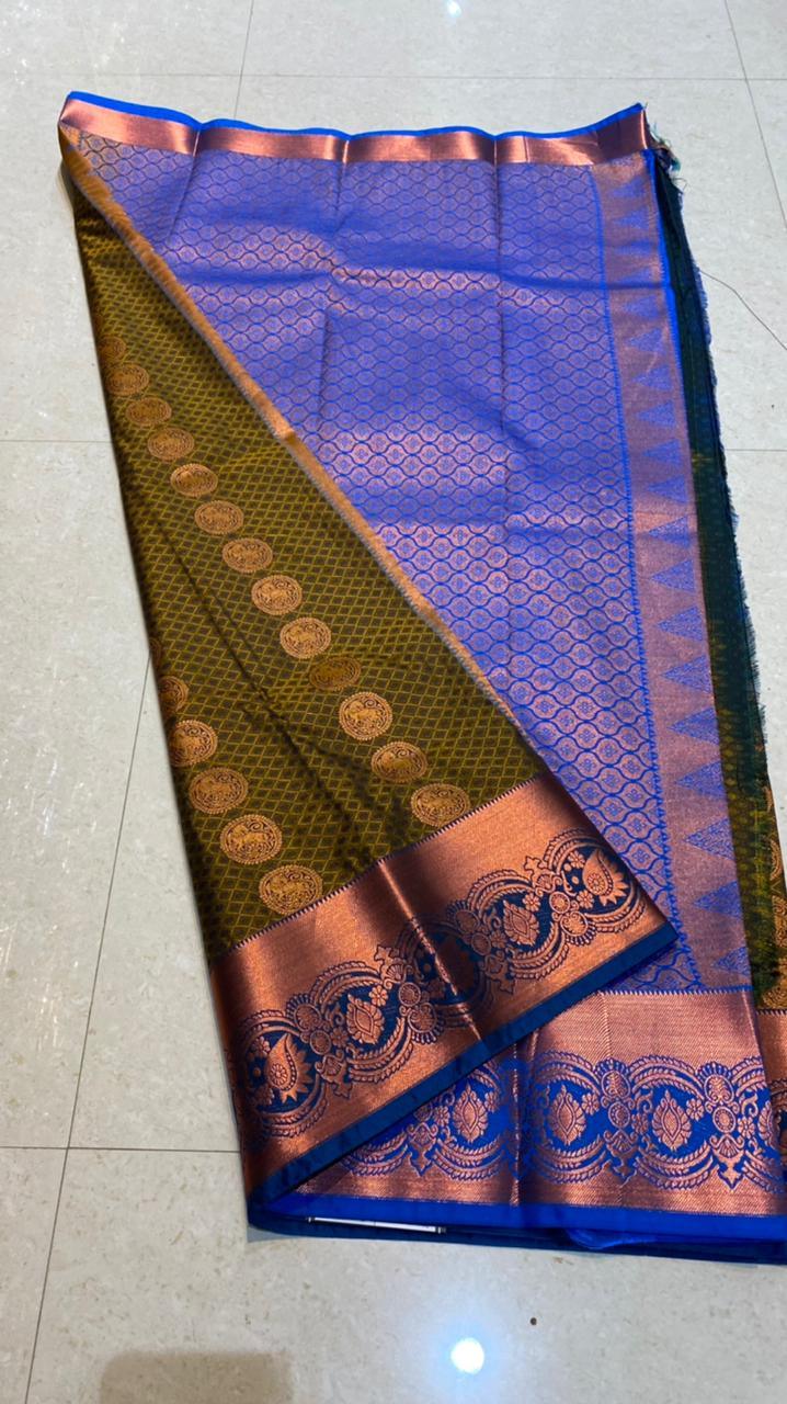 Mehandi green deep blue semi silk saree with blouse - Threads