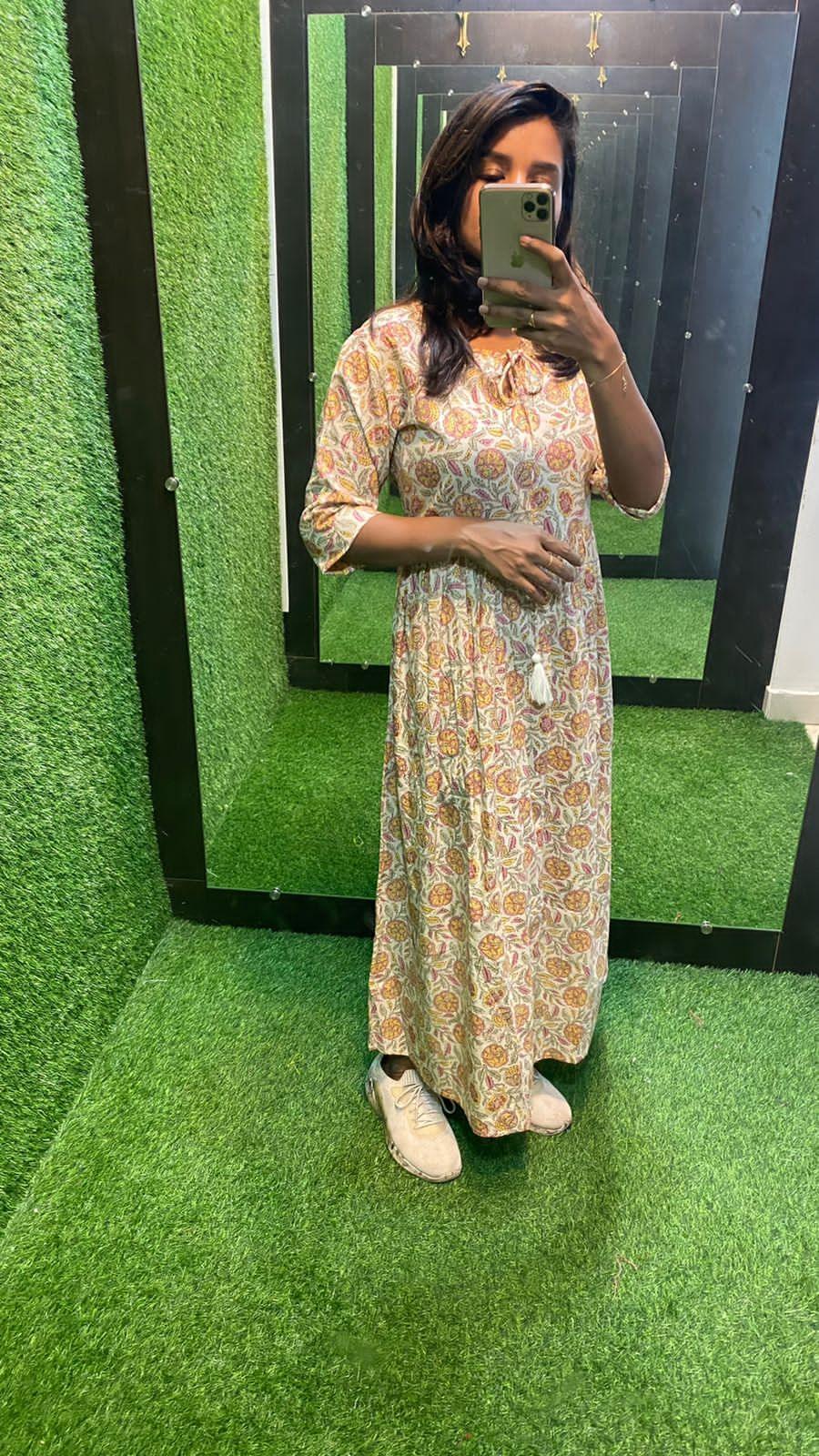 Beige Cotton printed maxi kurti top