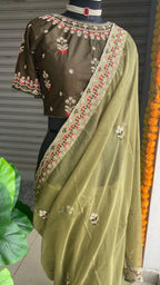 Mehandi green organza saree with silk embroidery blouse - Threads