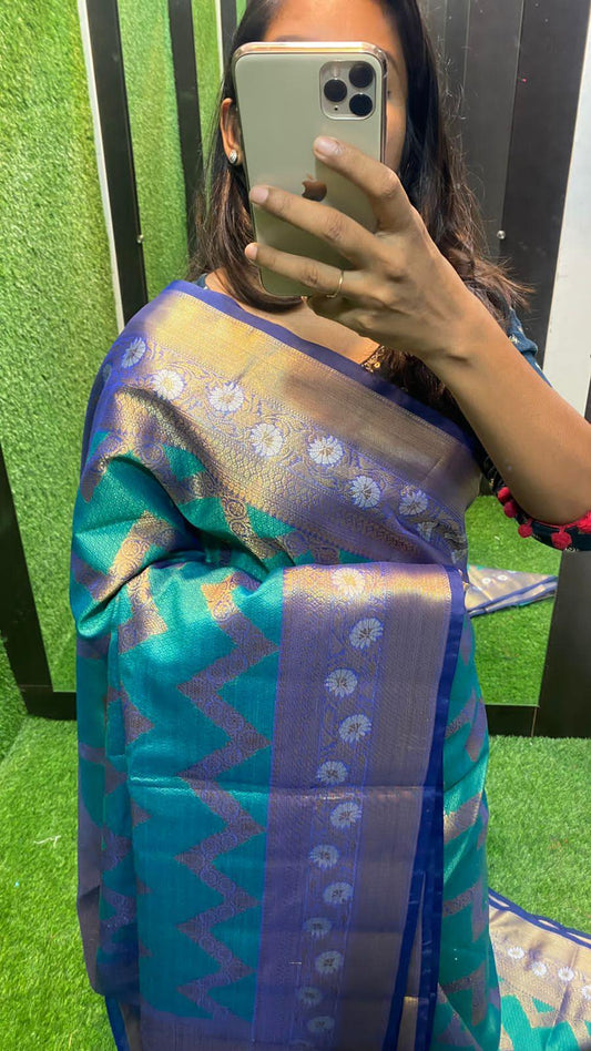 Sea blue silk chanderi saree with blouse - Threads
