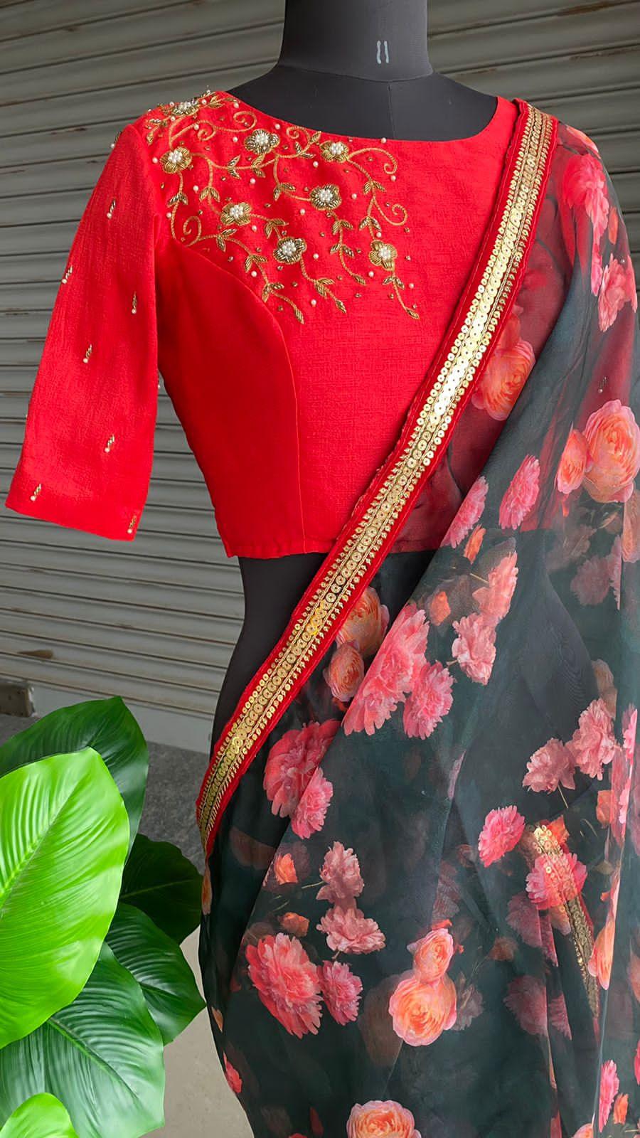 Deep blue floral soft organza saree with hand worked blouse - Threads