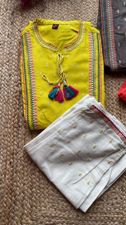 Yellow pure rayon cotton embroidery 2 piece kurti set - Threads