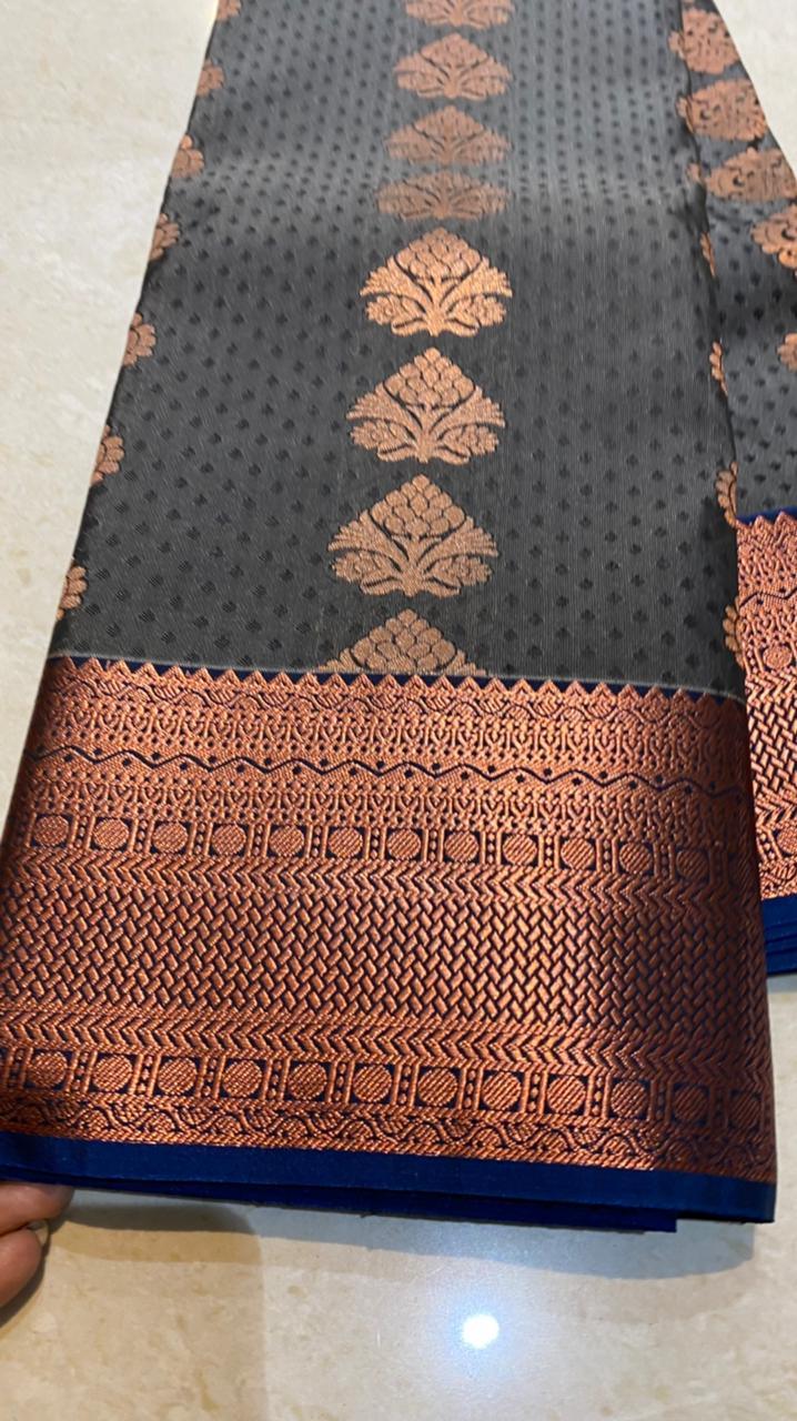 Dual shaded grey and blue silk saree with blouse - Threads