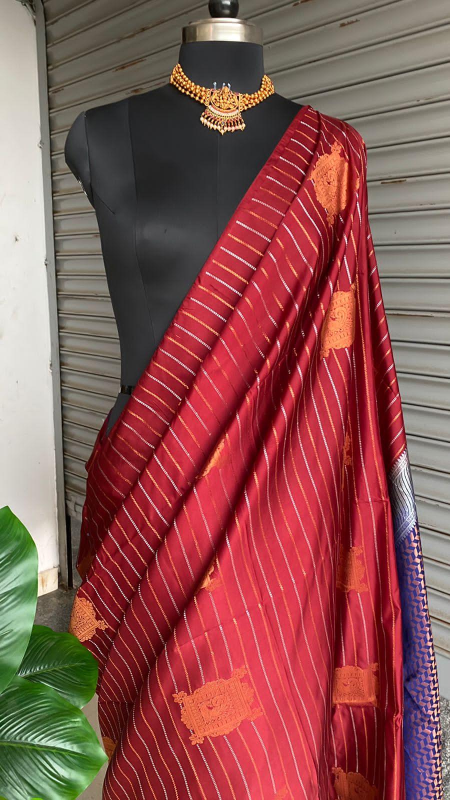 Maroon and Blue Silk saree with blouse - Threads