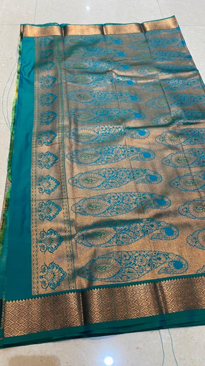 Yellow and peacock silk saree with blouse - Threads