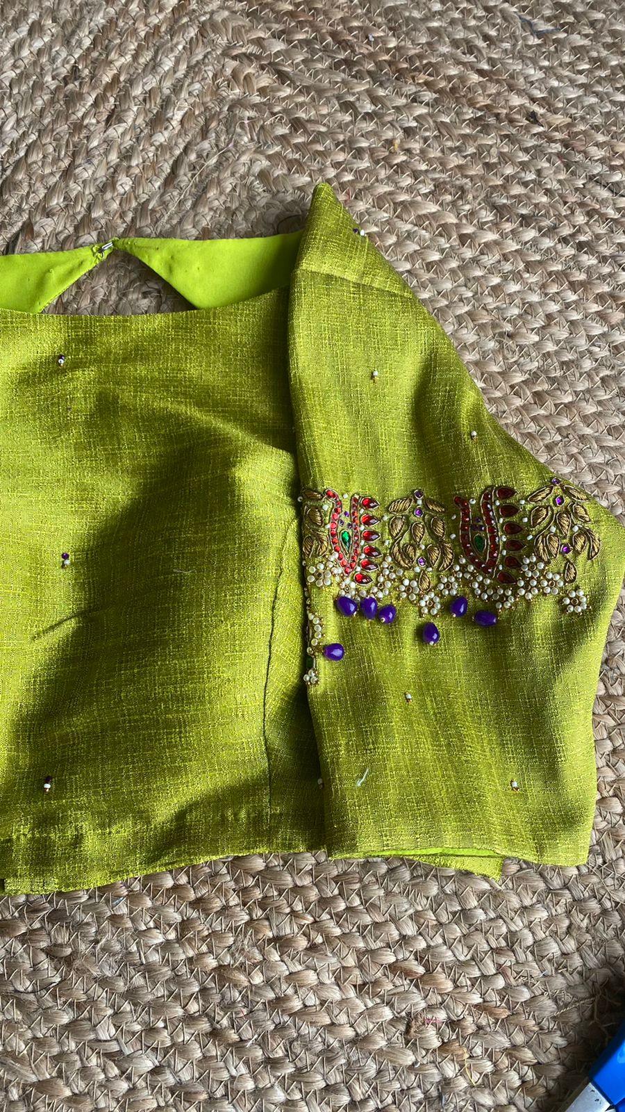 Parrot green silk embroidery hand worked blouse - Threads