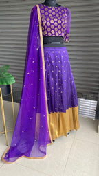 Purple silk embroidery hand worked lehenga - Threads