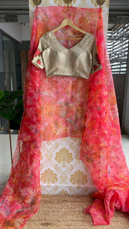 Floral Organza saree with hand worked half white blouse - Threads