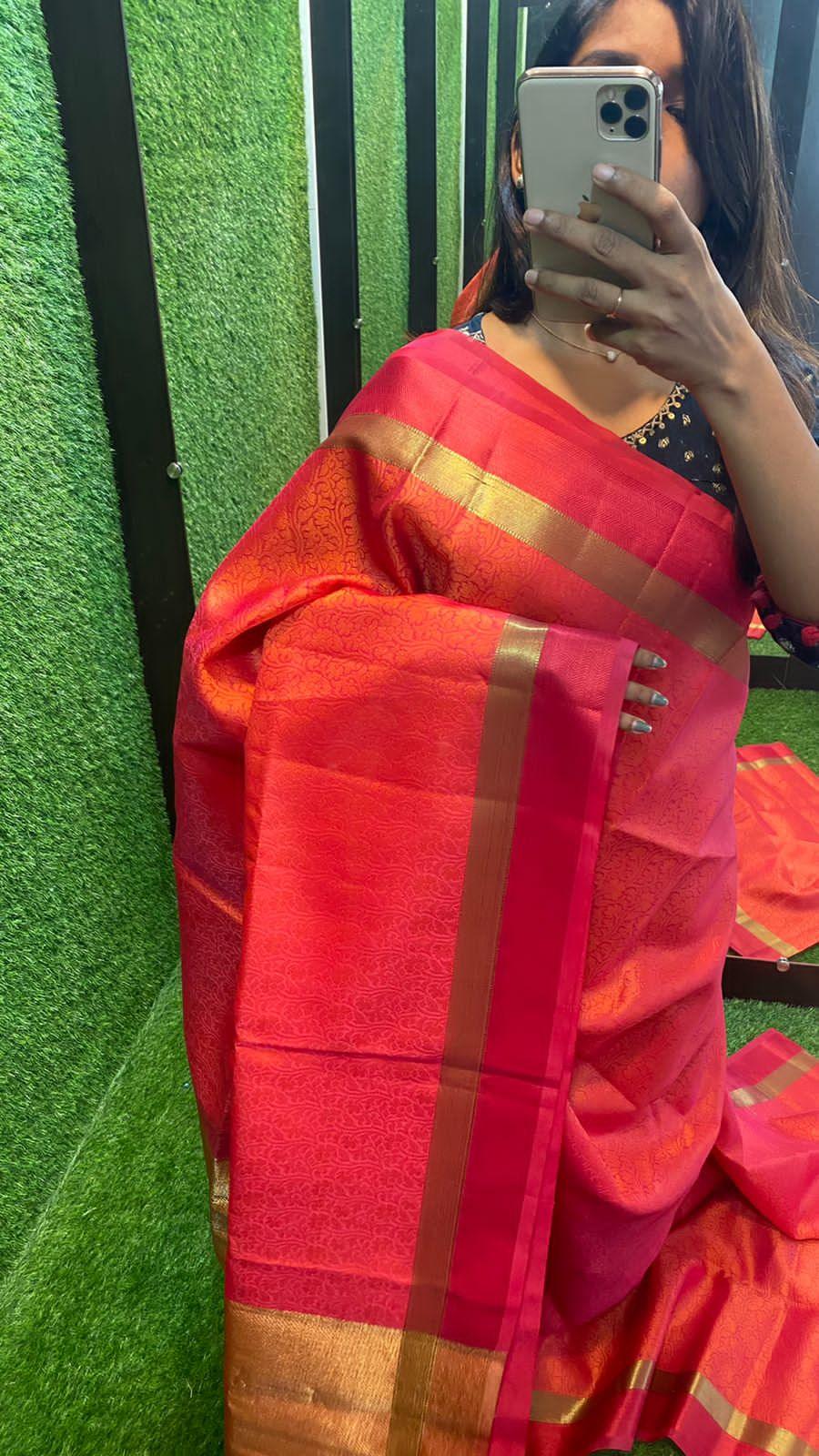 Deep orange and red dual shaded silk saree with blouse - Threads