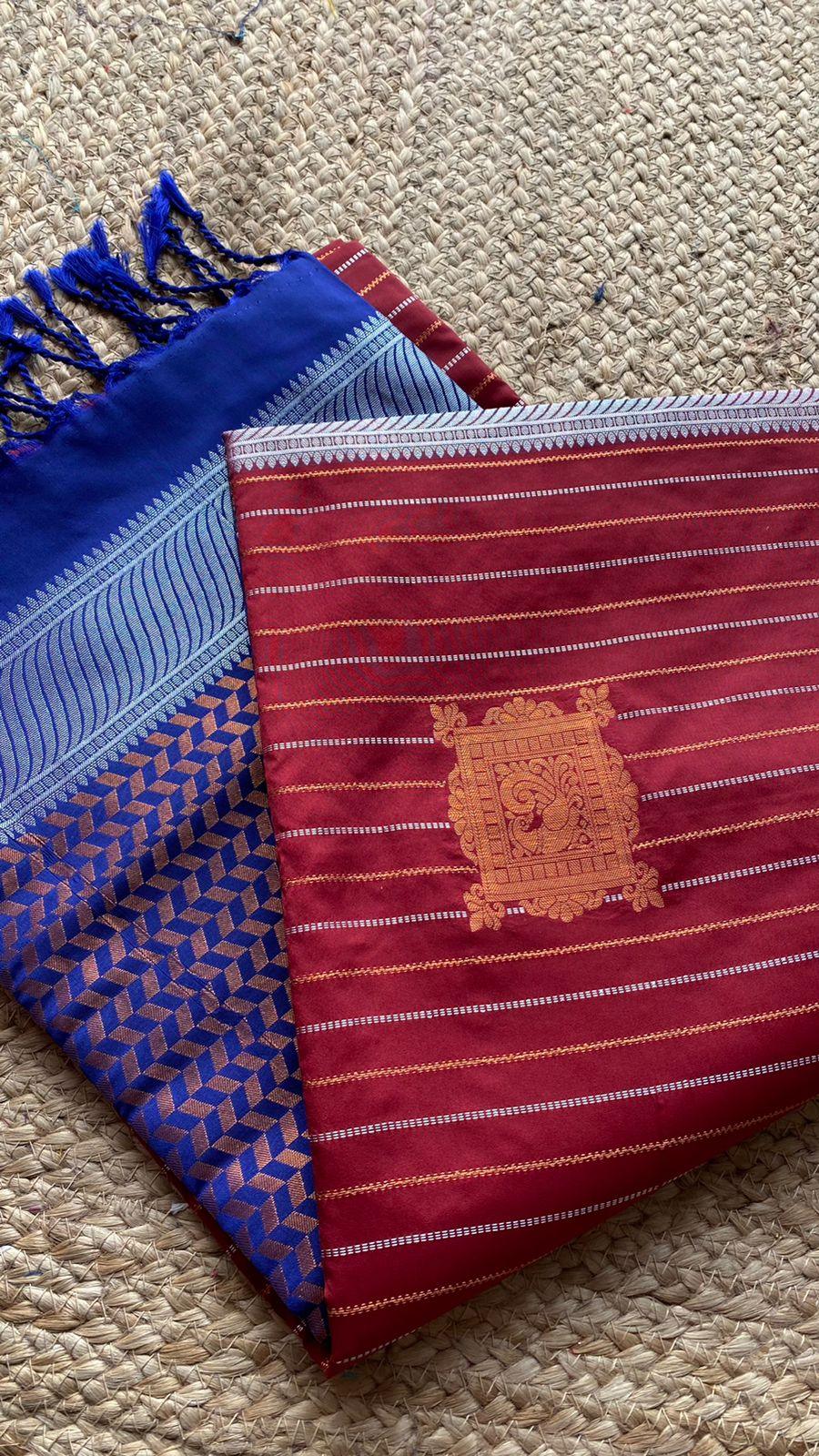 Maroon and Blue Silk saree with blouse - Threads