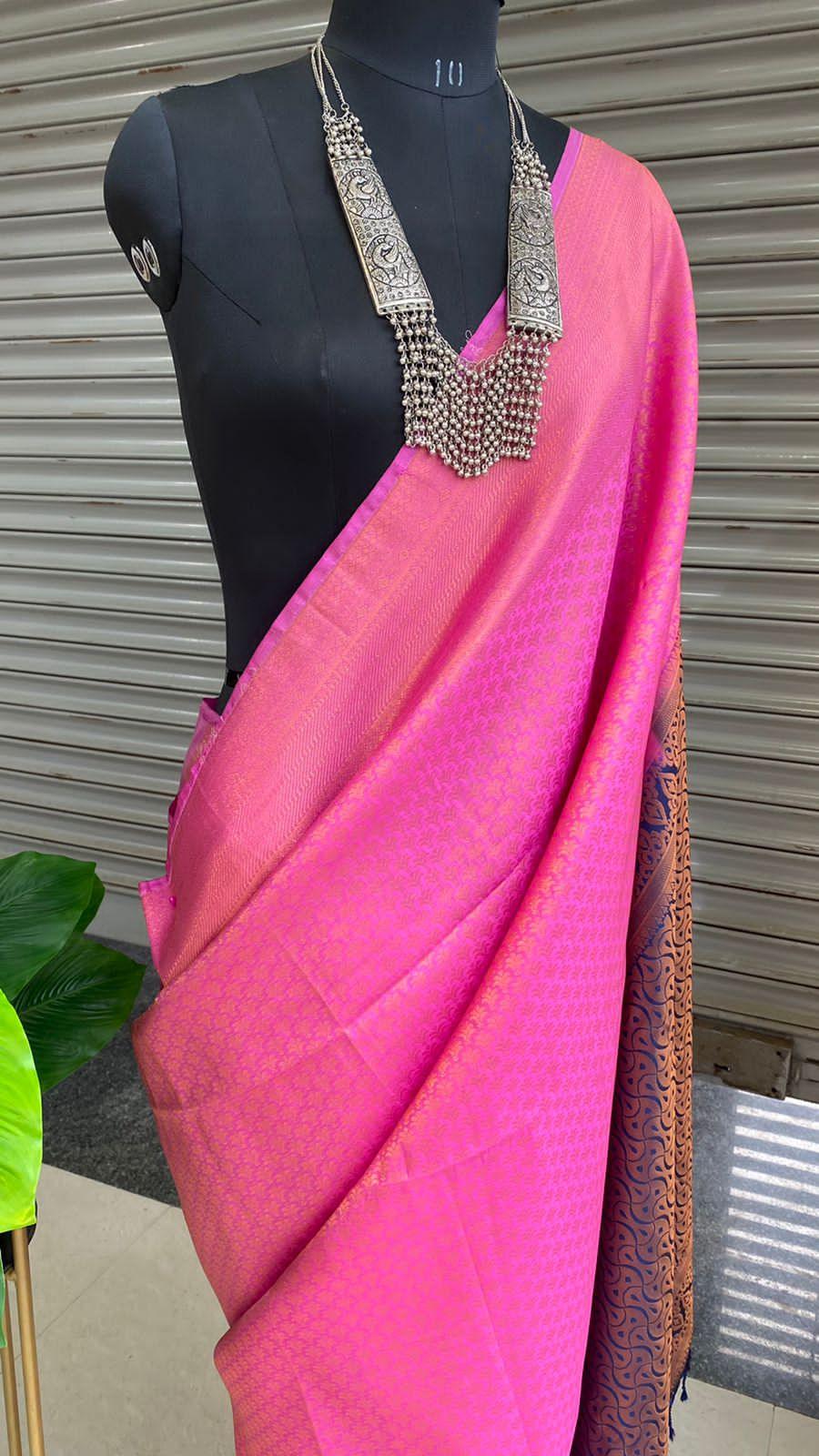 Pink and Blue soft Silk saree with blouse - Threads