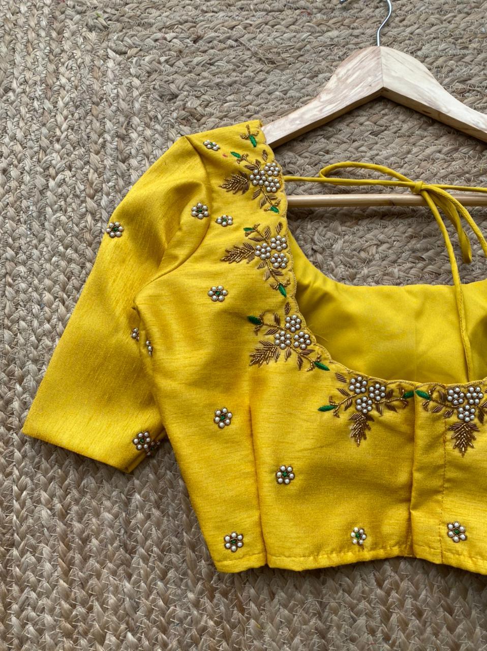 Yellow silk hand worked blouse - Threads