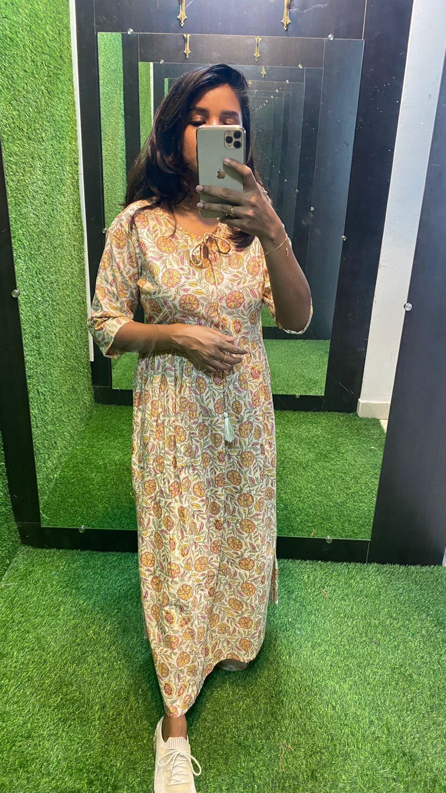 Beige Cotton printed maxi kurti top