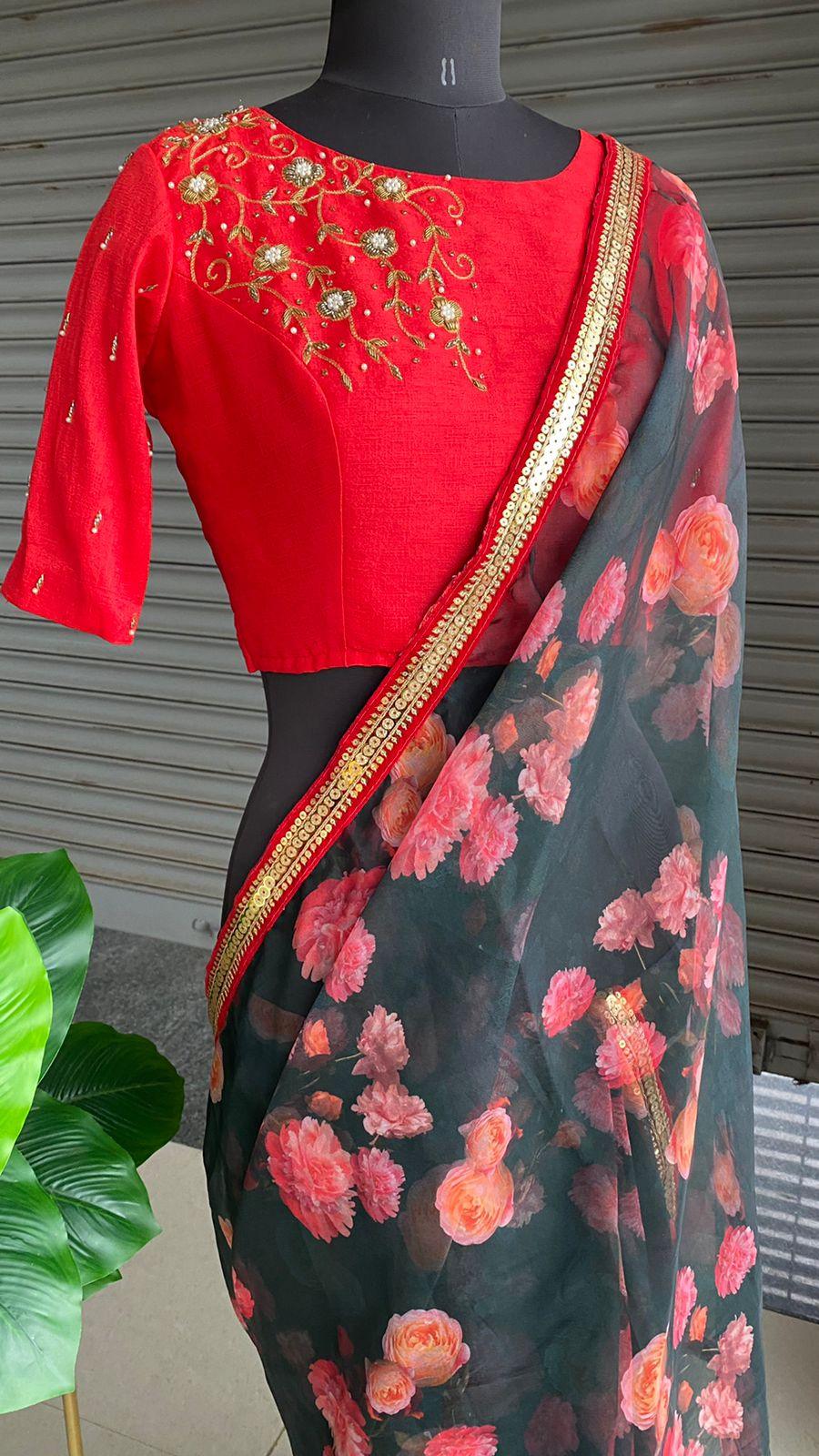 Deep blue floral soft organza saree with hand worked blouse - Threads