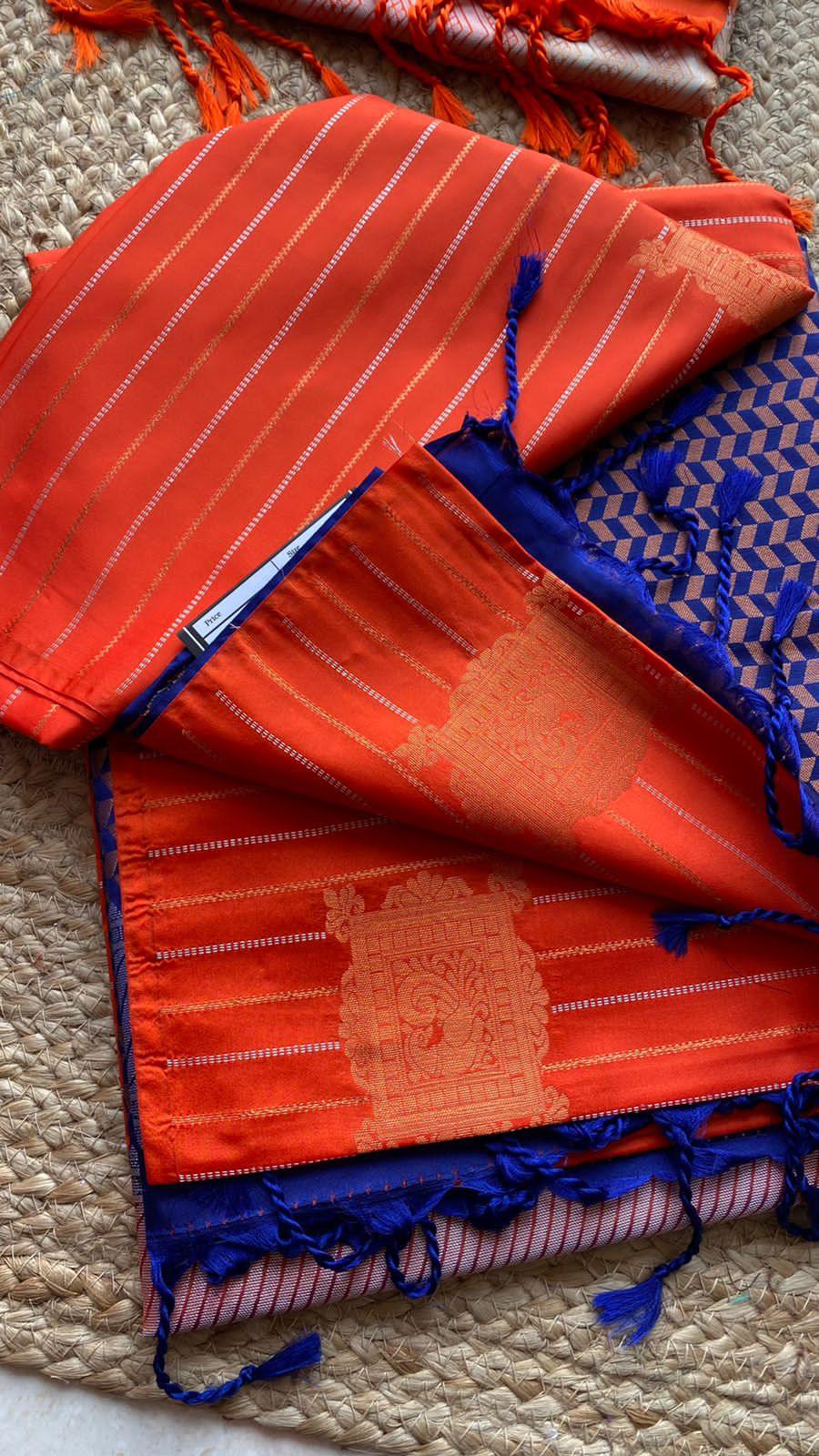 Orange and Purple Silk saree with blouse - Threads