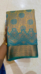 Yellow and peacock silk saree with blouse - Threads