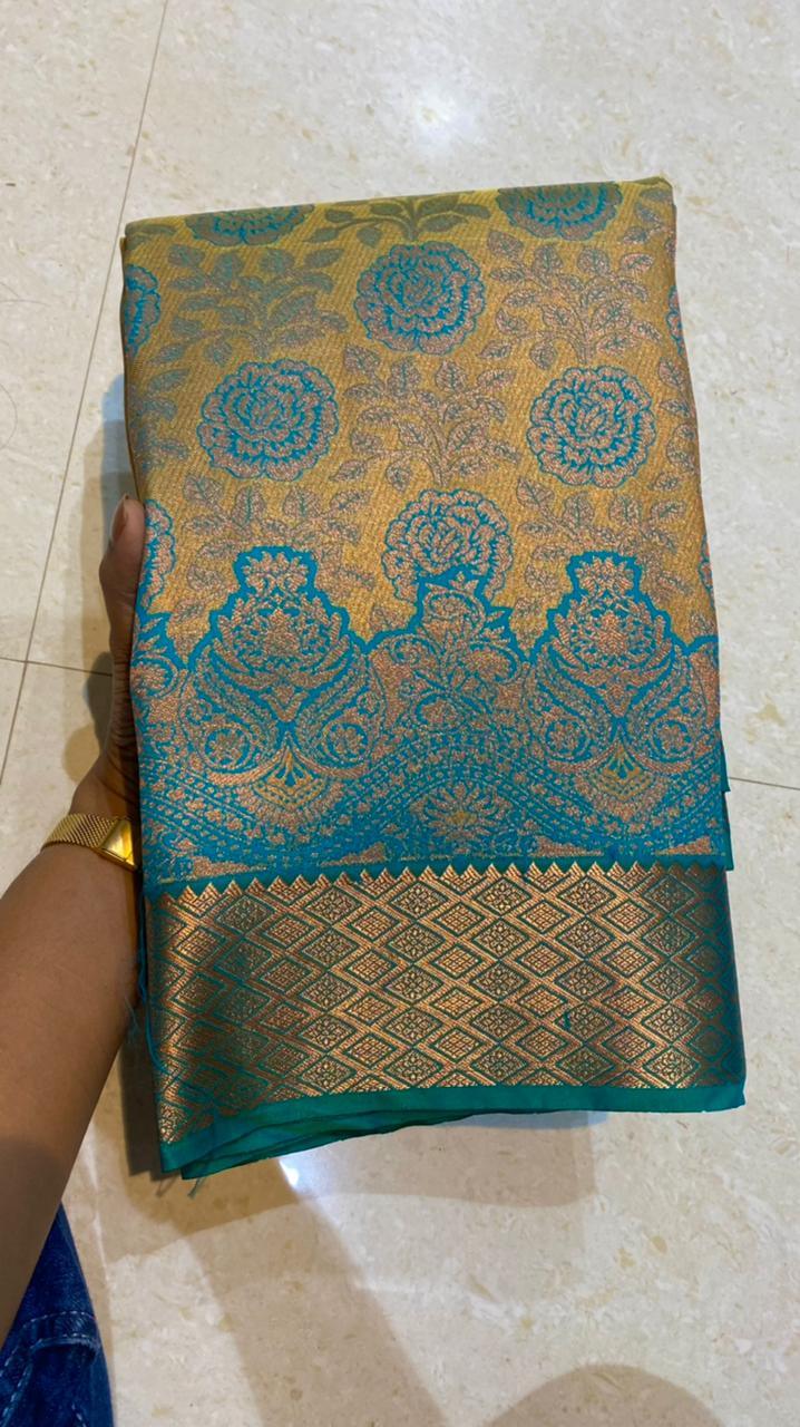 Yellow and peacock silk saree with blouse - Threads