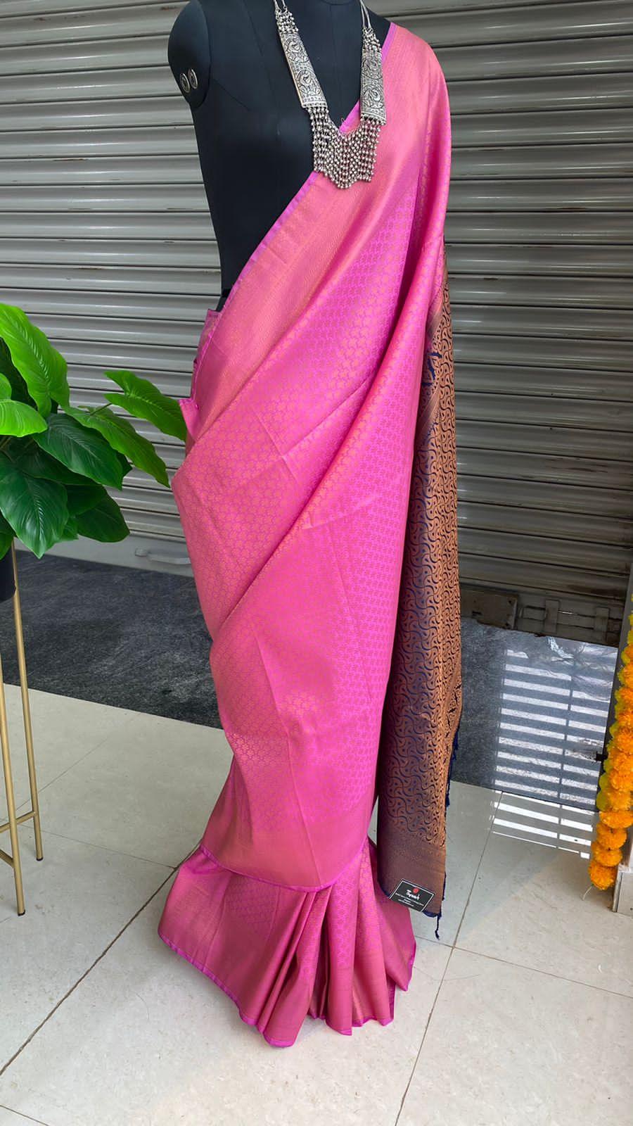 Pink and Blue soft Silk saree with blouse - Threads