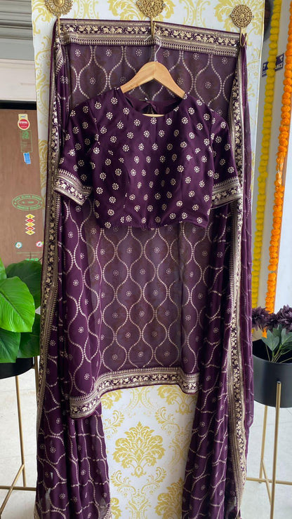 Wine georgette saree with embroidery worked Blouse - Threads