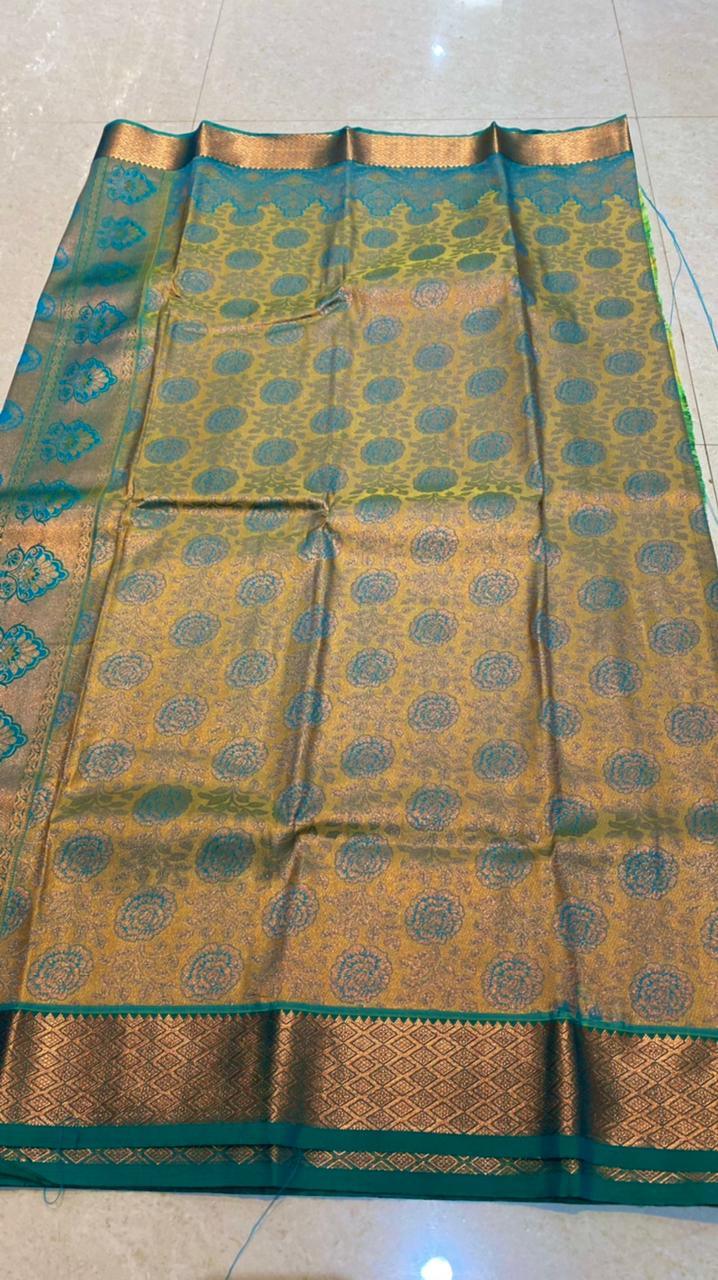 Yellow and peacock silk saree with blouse - Threads