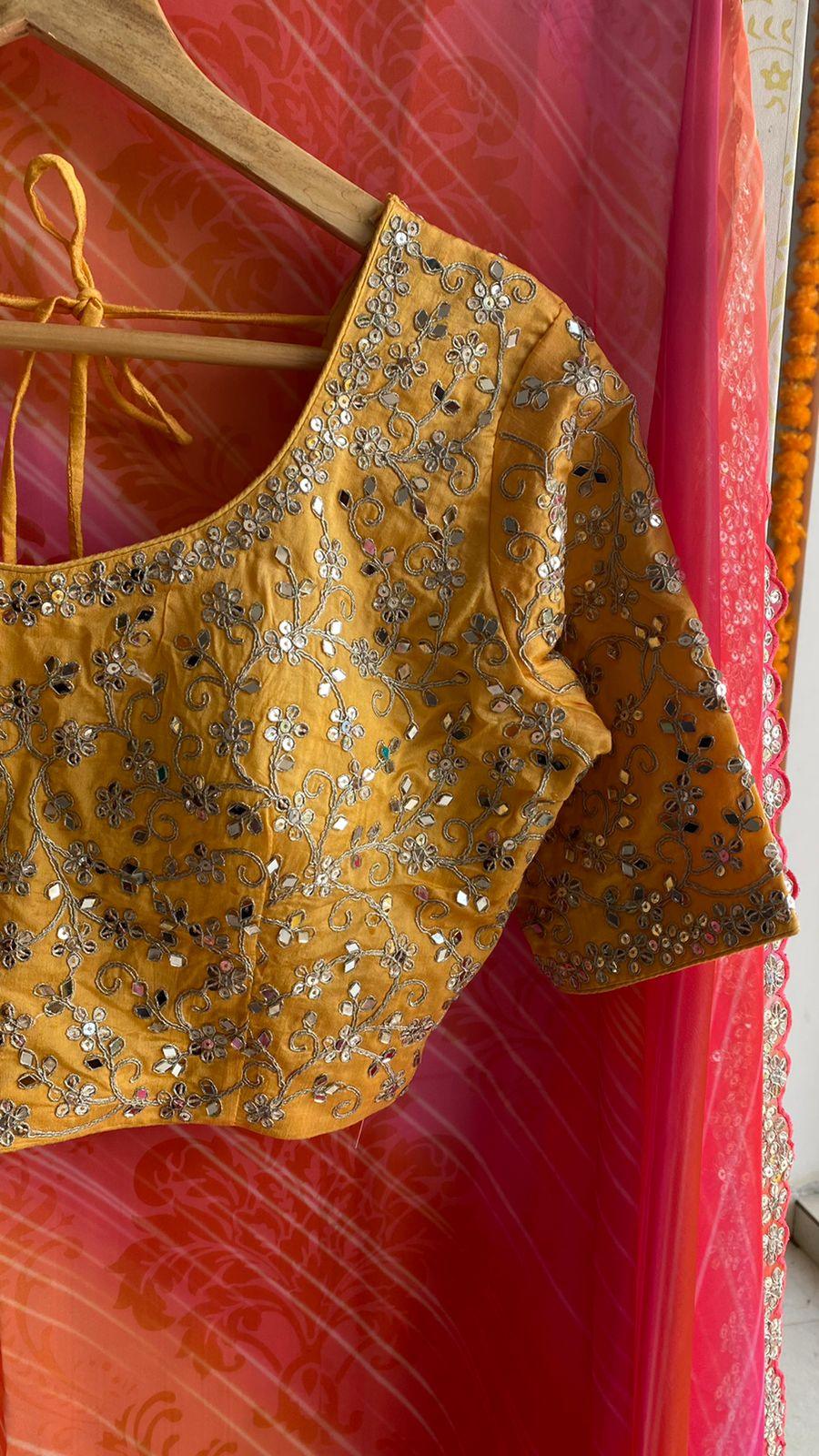 Soft pink and orange organza saree with embroidery yellow blouse - Threads
