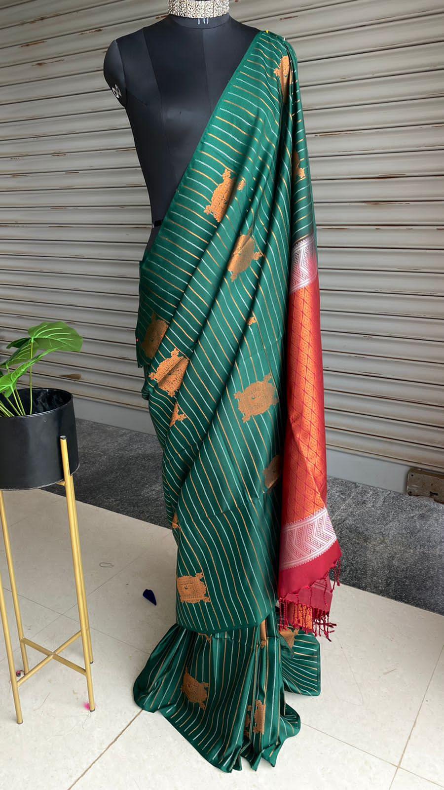 Bottle green and orange Silk saree with blouse - Threads