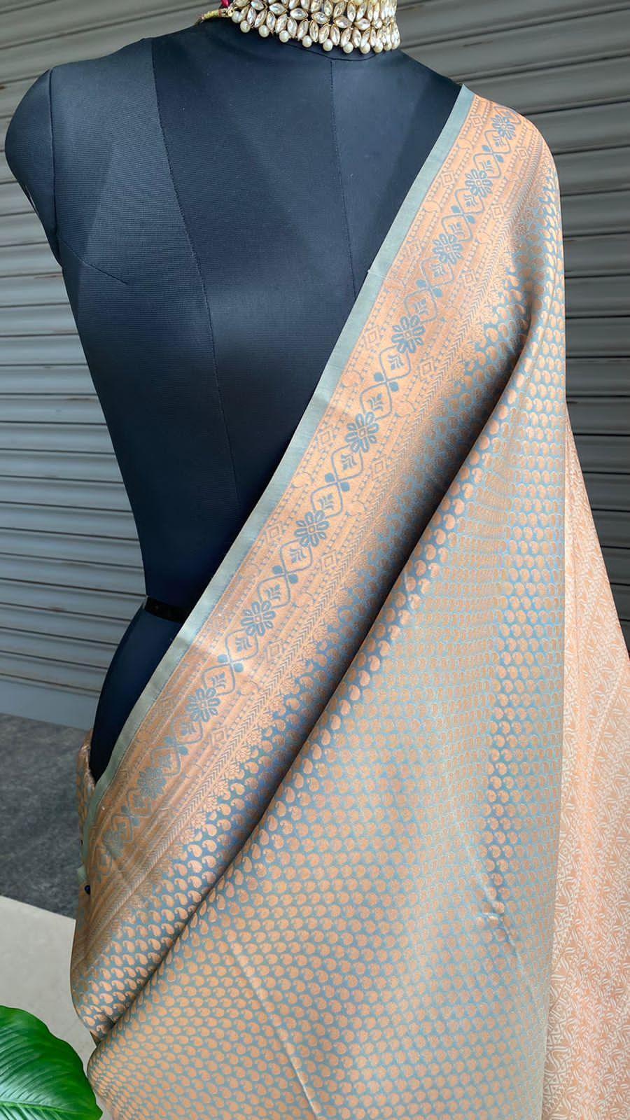Grey and peach Silk saree with blouse - Threads