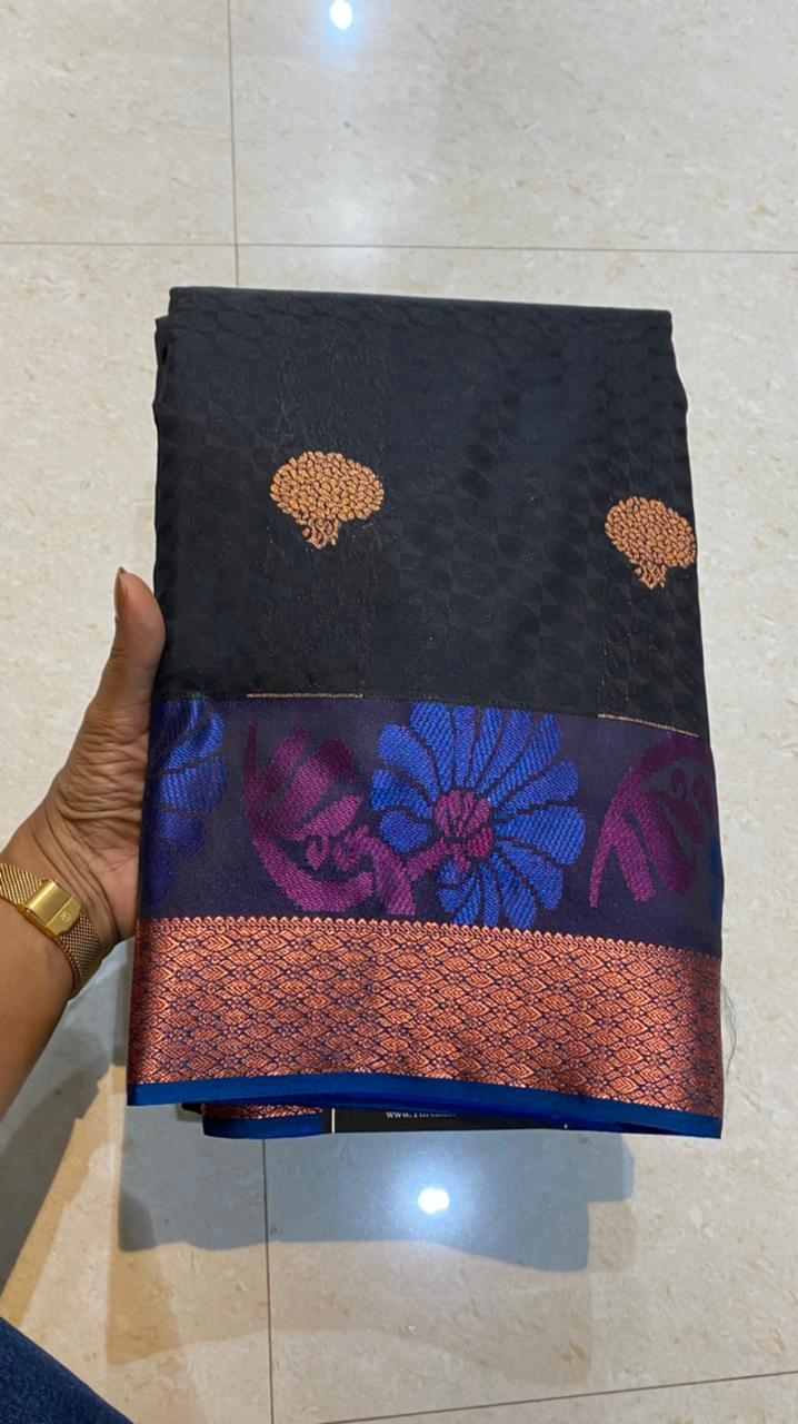 Dual shaded black and blue silk saree with blouse - Threads