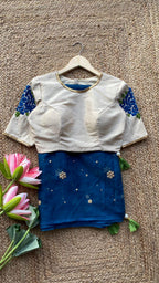 Deep blue organza saree with thread worked blouse - Threads