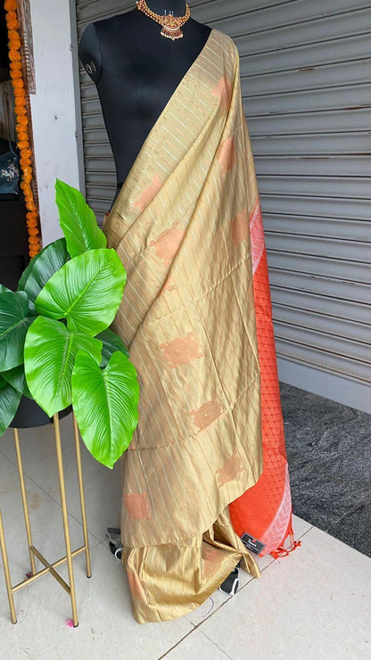 Beige and orange Silk saree with blouse