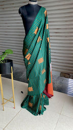 Bottle green and orange Silk saree with blouse - Threads