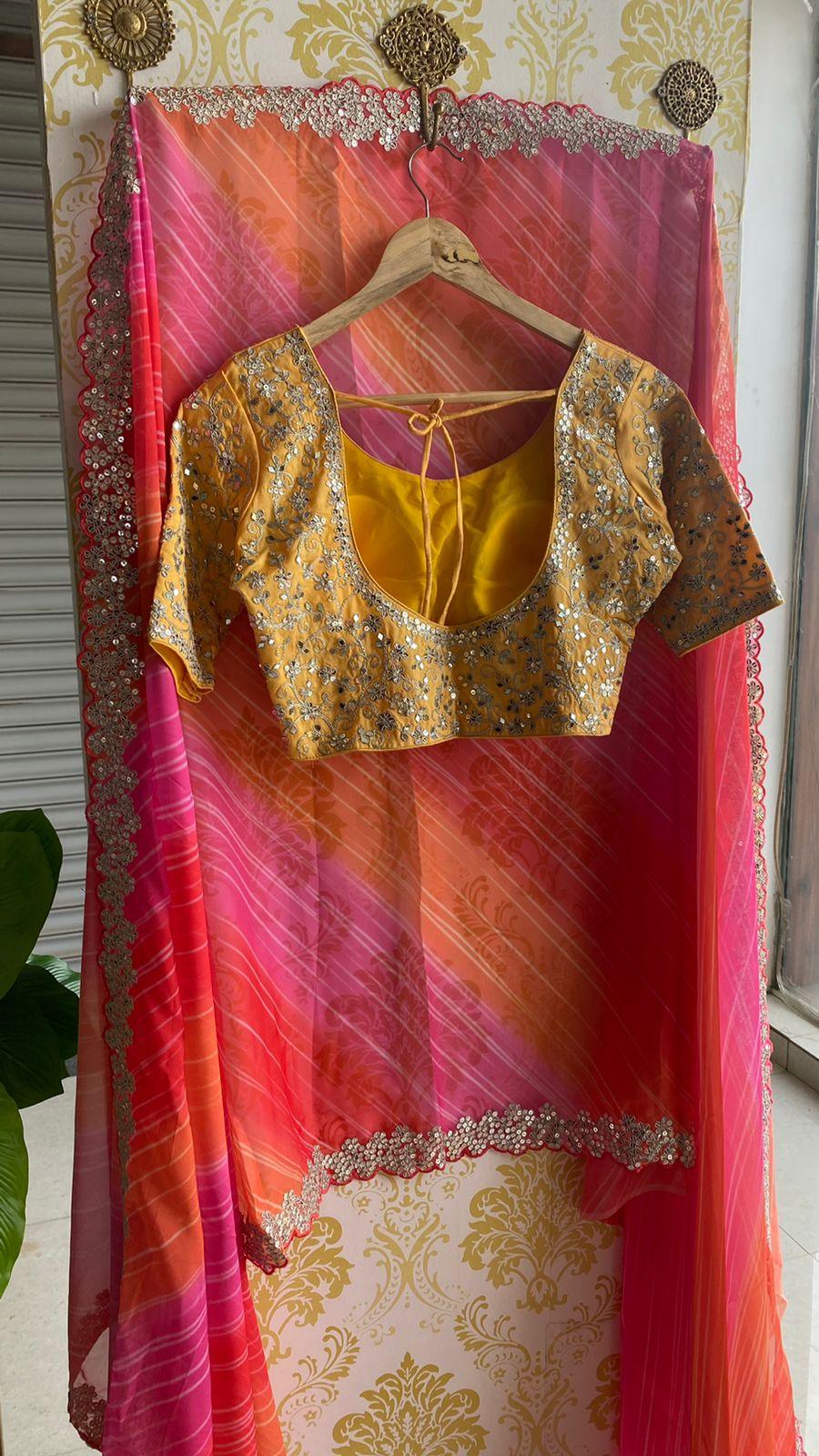 Soft pink and orange organza saree with embroidery yellow blouse - Threads