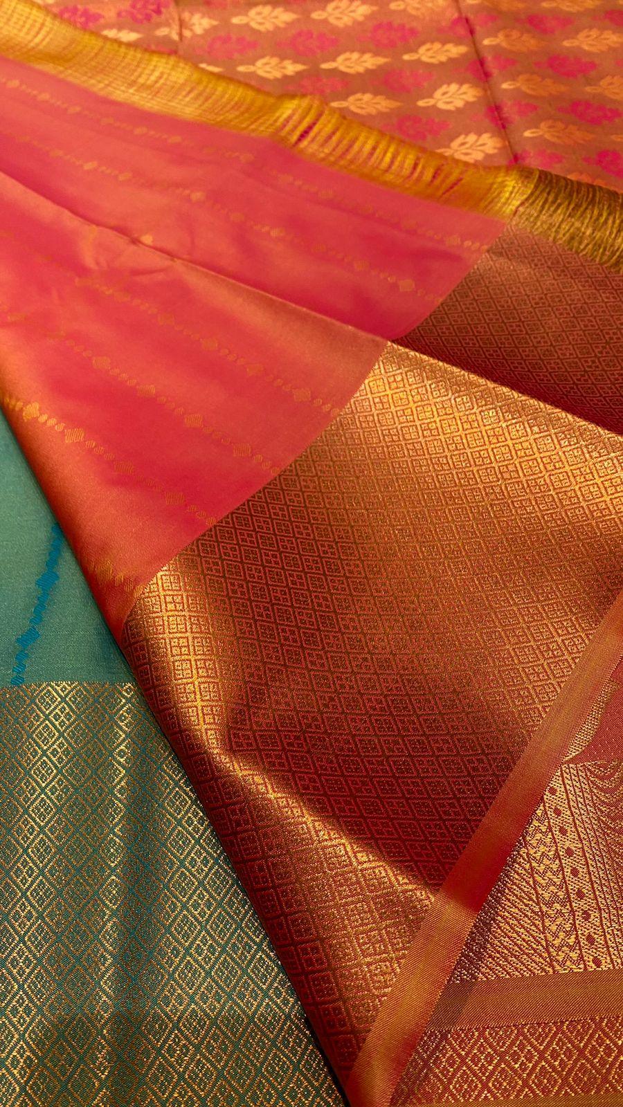 Green and orange silk saree with blouse - Threads