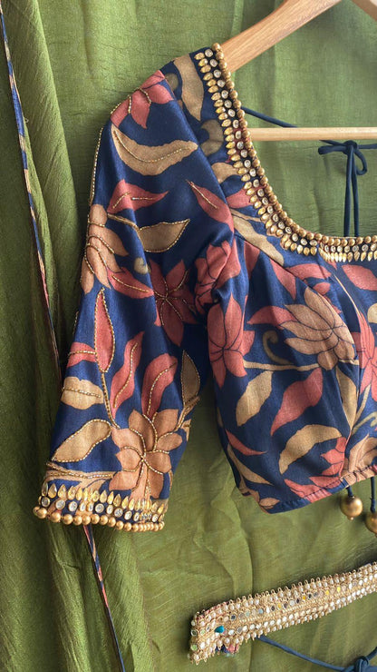 Bottle green silk saree with hand worked kalamkari blouse - Threads